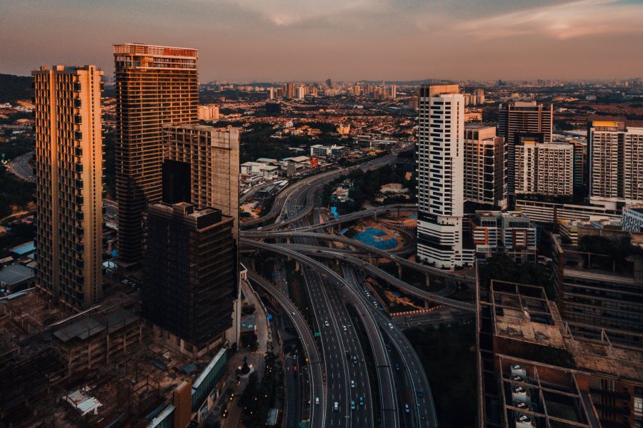 public highway alongside high-rise buildings